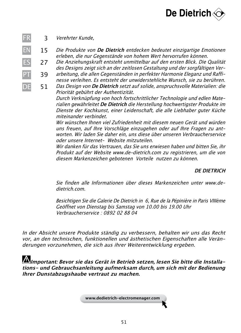 Fr pt de en es | DE DIETRICH DHD1131 User Manual | Page 51 / 66