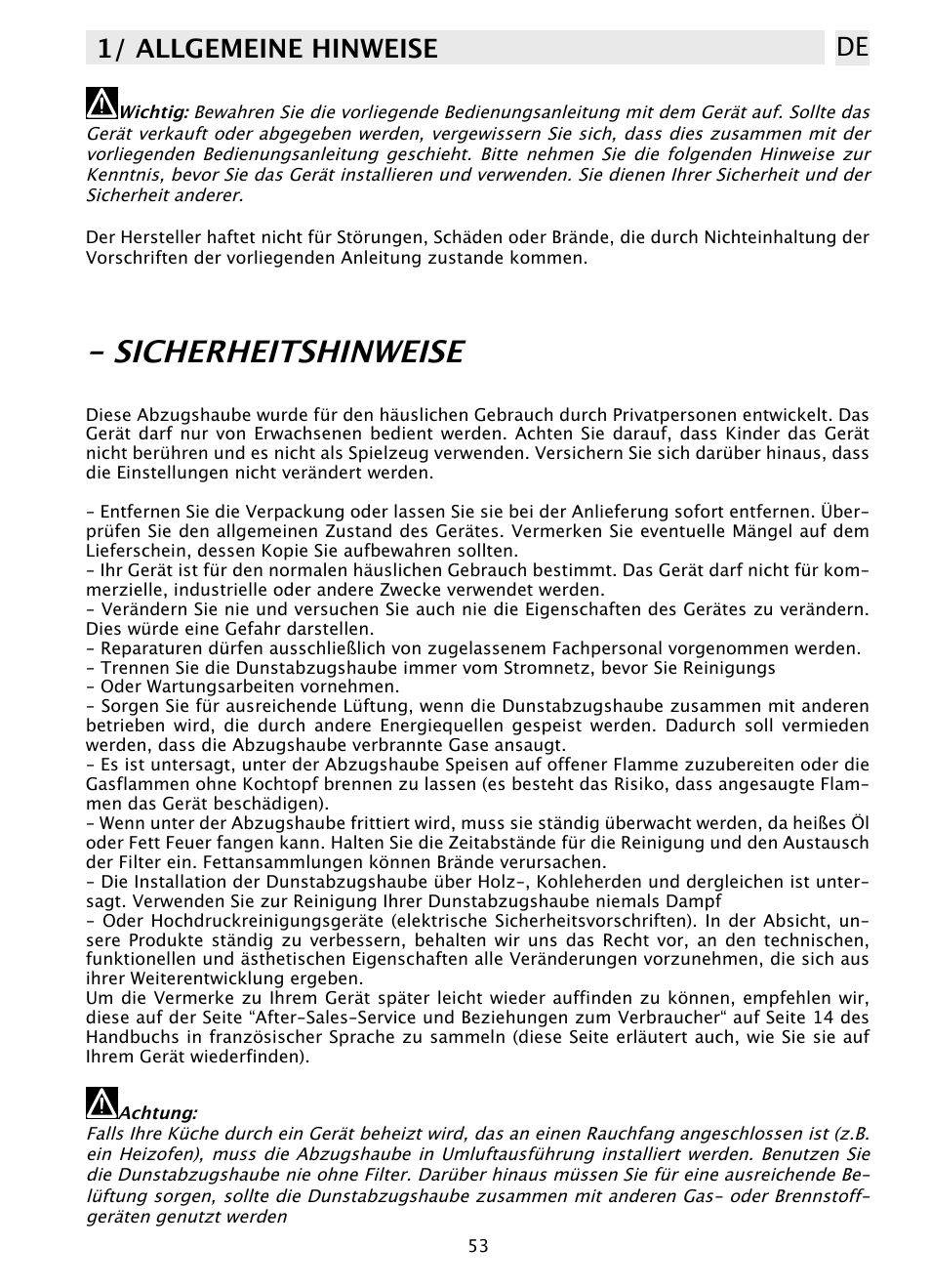 Sicherheitshinweise, 1/ allgemeine hinweise de | DE DIETRICH DHD1131 User Manual | Page 53 / 66