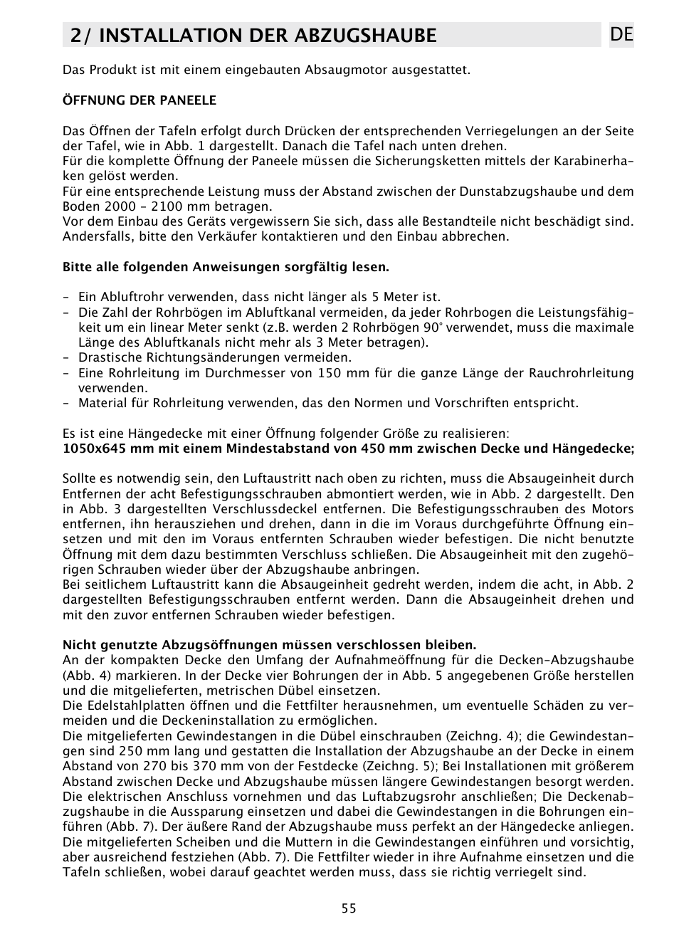 2/ installation der abzugshaube de | DE DIETRICH DHD1131 User Manual | Page 55 / 66