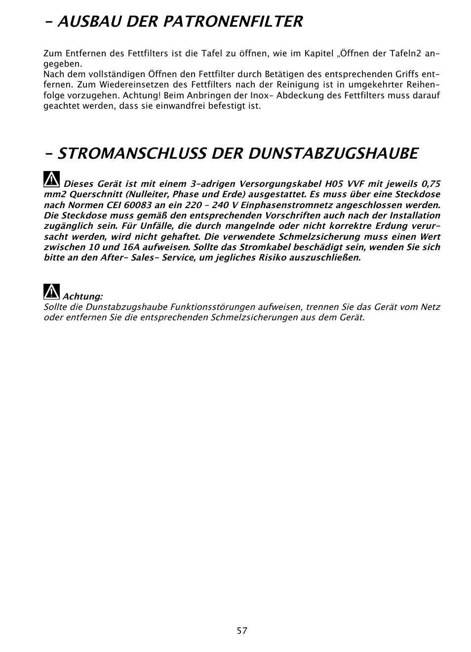 Ausbau der patronenfilter, Stromanschluss der dunstabzugshaube | DE DIETRICH DHD1131 User Manual | Page 57 / 66