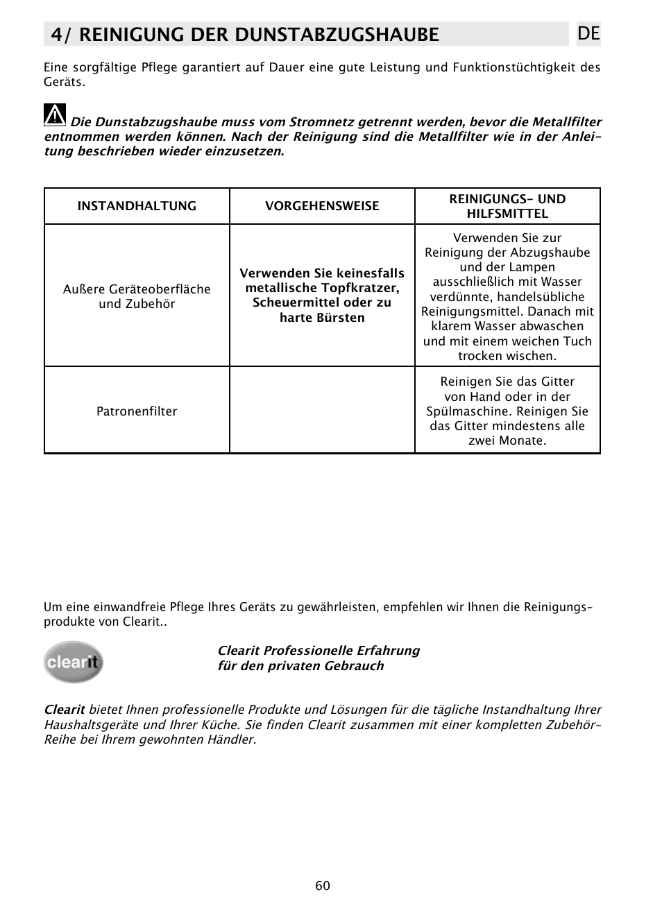 4/ reinigung der dunstabzugshaube de | DE DIETRICH DHD1131 User Manual | Page 60 / 66