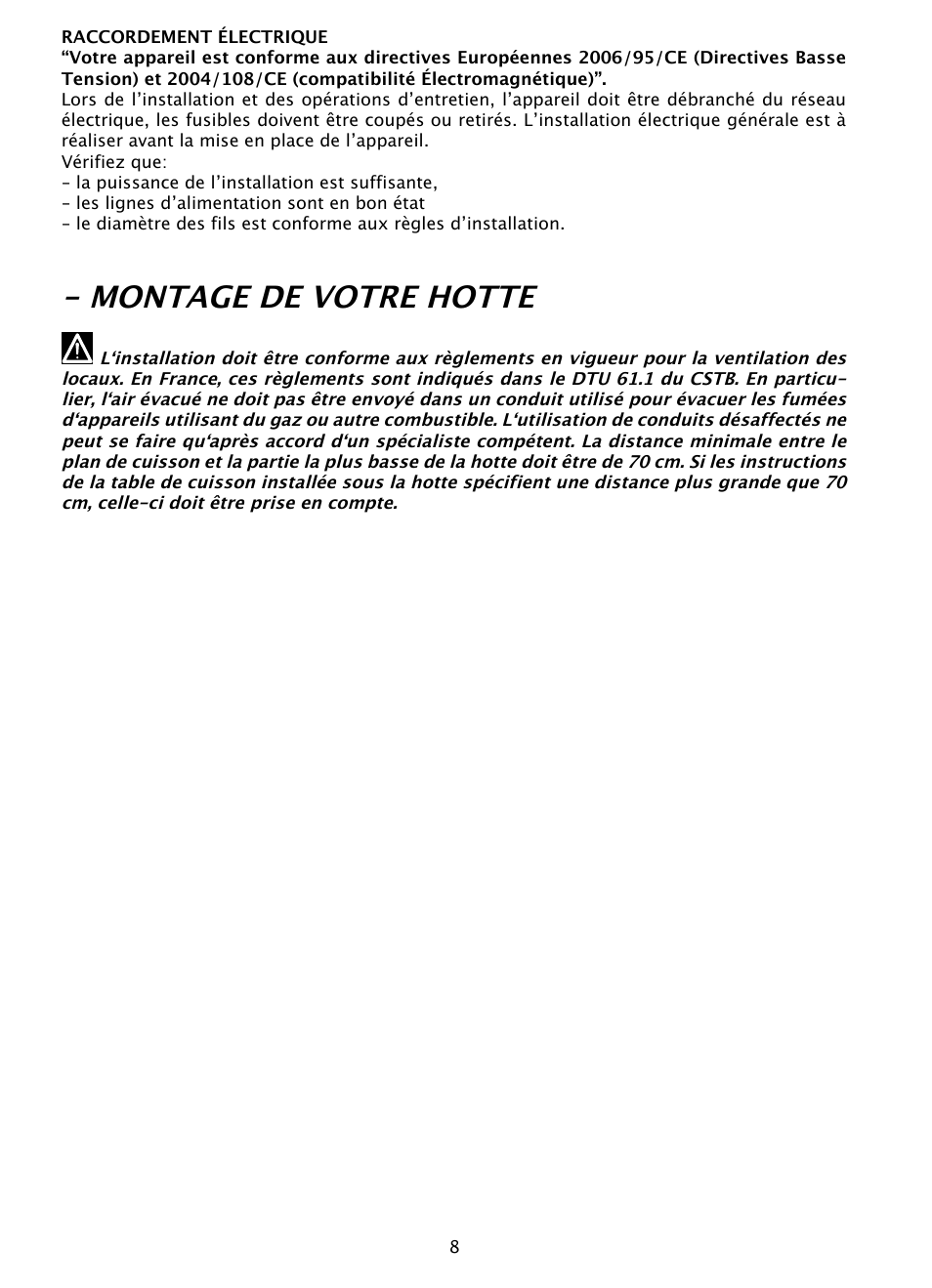 Montage de votre hotte | DE DIETRICH DHD1131 User Manual | Page 8 / 66