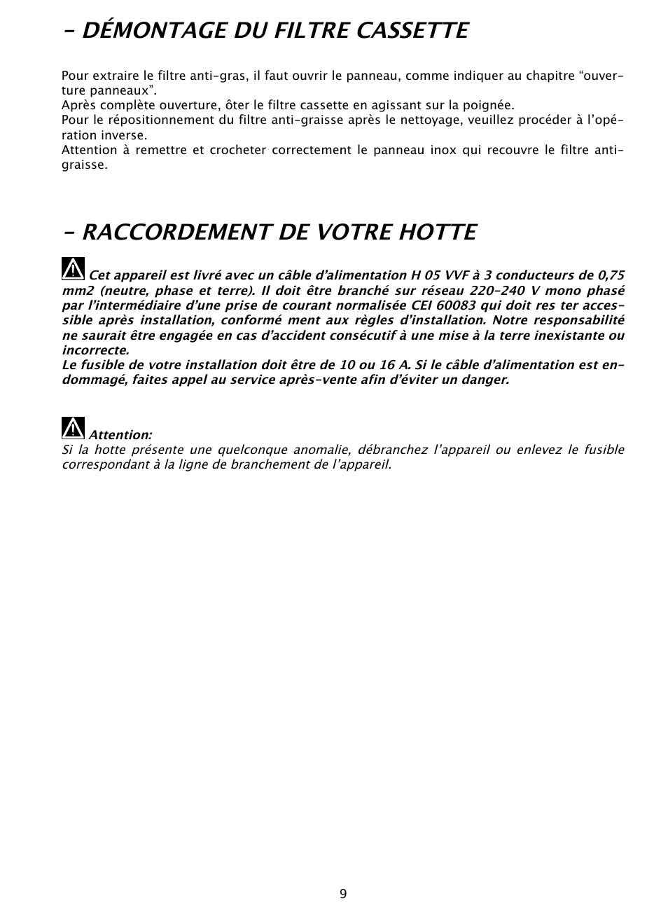 Démontage du filtre cassette, Raccordement de votre hotte | DE DIETRICH DHD1131 User Manual | Page 9 / 66