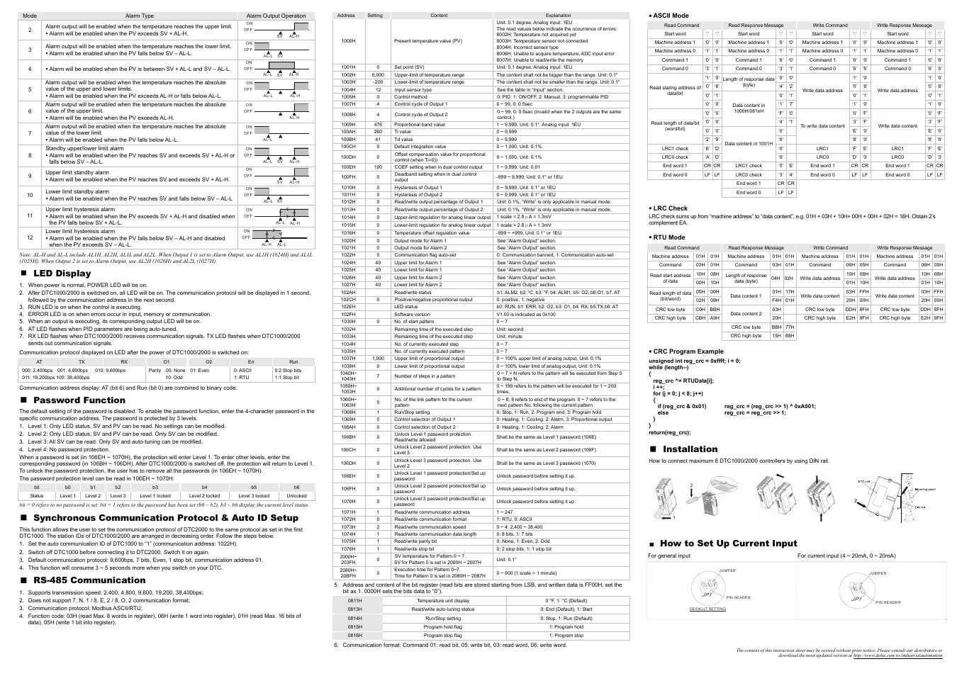 Led display, Password function, Synchronous communication protocol & auto id setup | Rs-485 communication, Installation, How to set up current input | Delta Electronics DTC2000 Series User Manual | Page 2 / 2