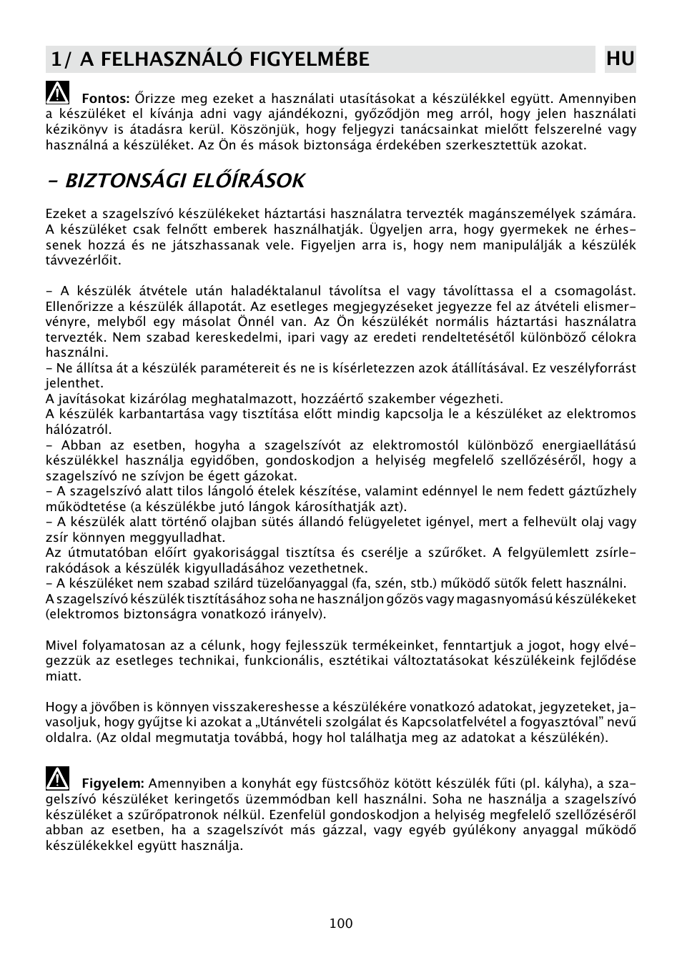 Biztonsági előírások, 1/ a felhasználó figyelmébe hu | DE DIETRICH DHD585XE1 User Manual | Page 100 / 152