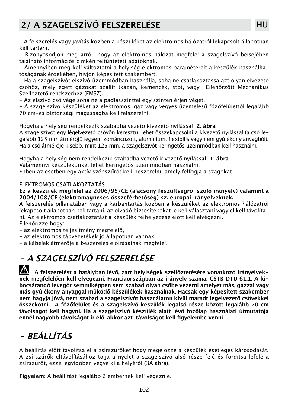 A szagelszívó felszerelése, Beállítás, 2/ a szagelszívó felszerelése hu | DE DIETRICH DHD585XE1 User Manual | Page 102 / 152