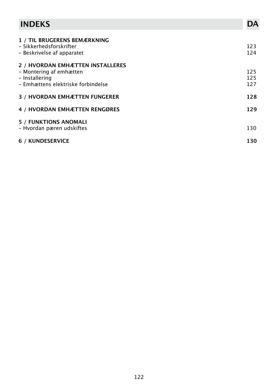 Indeks da | DE DIETRICH DHD585XE1 User Manual | Page 122 / 152