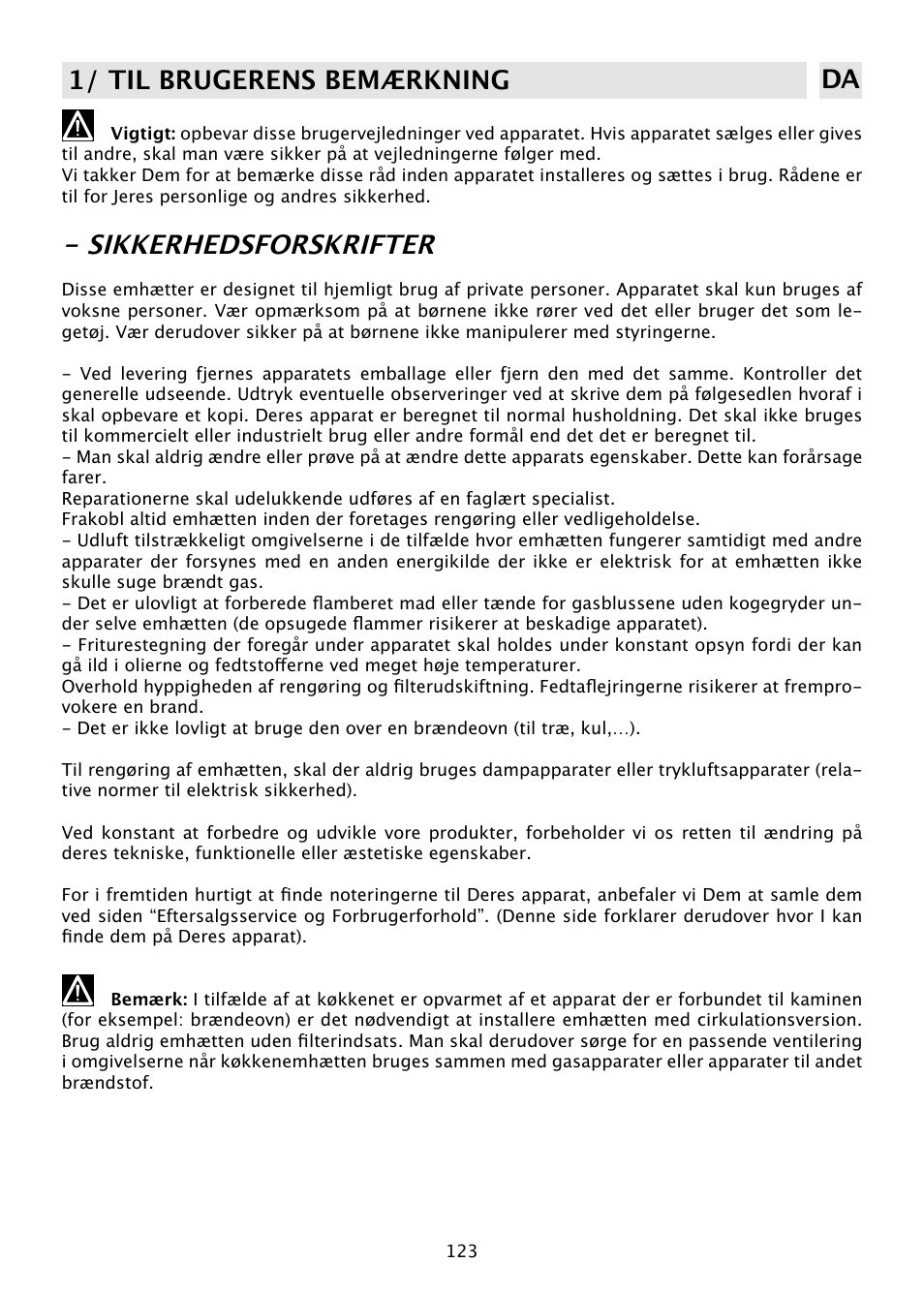 Sikkerhedsforskrifter, 1/ til brugerens bemærkning da | DE DIETRICH DHD585XE1 User Manual | Page 123 / 152