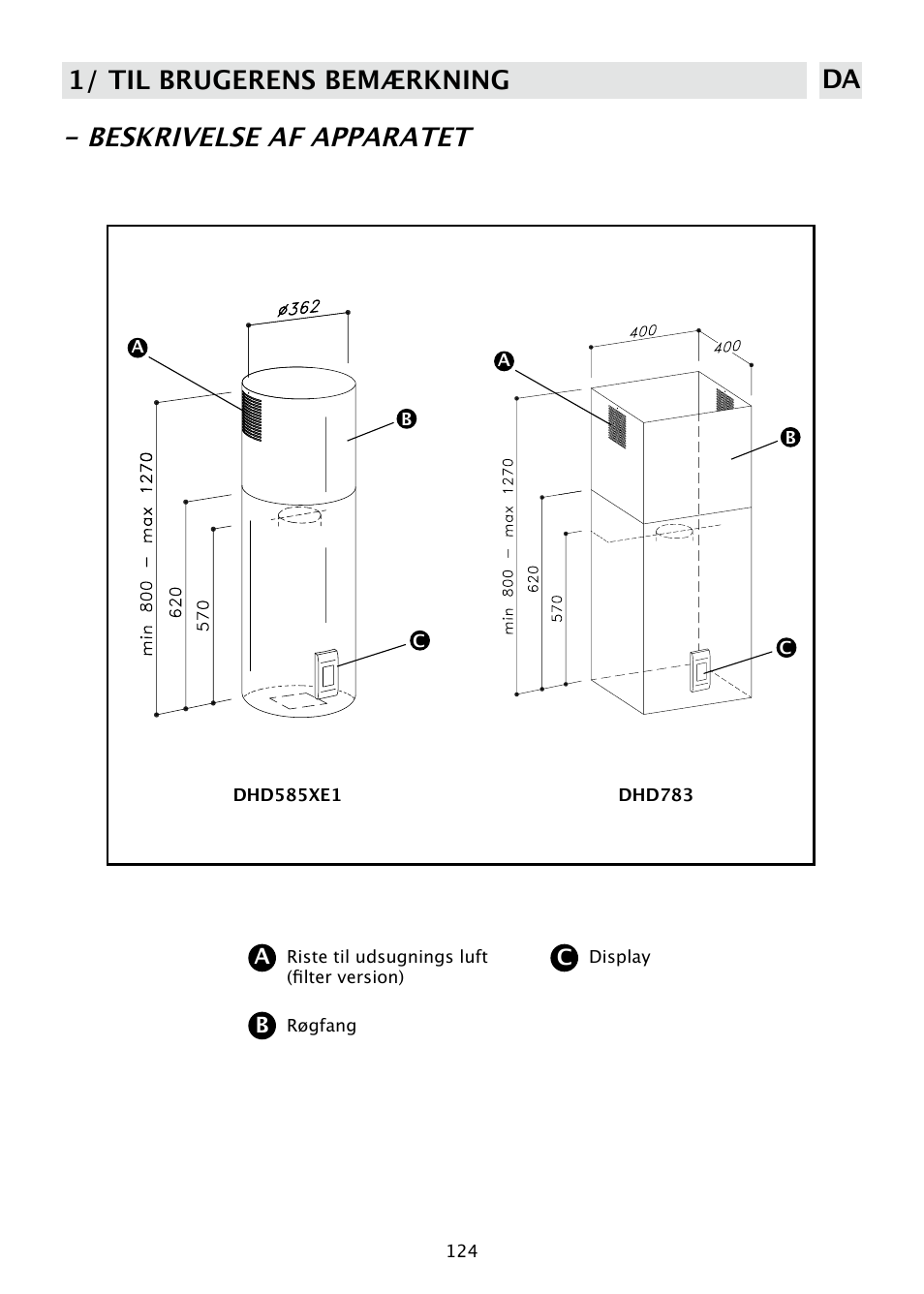 Beskrivelse af apparatet, 1/ til brugerens bemærkning da | DE DIETRICH DHD585XE1 User Manual | Page 124 / 152