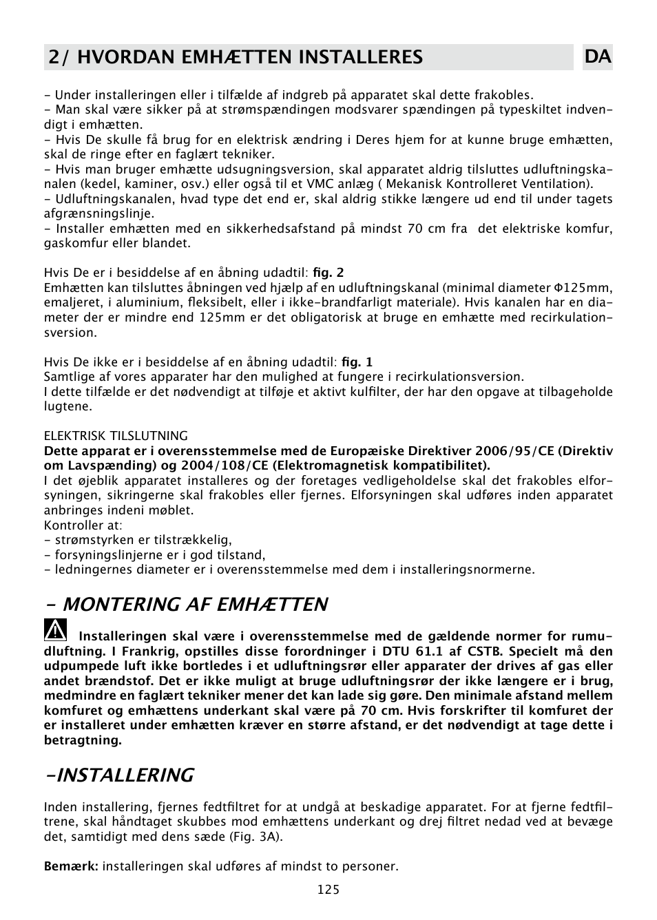 Montering af emhætten, Installering, 2/ hvordan emhætten installeres da | DE DIETRICH DHD585XE1 User Manual | Page 125 / 152