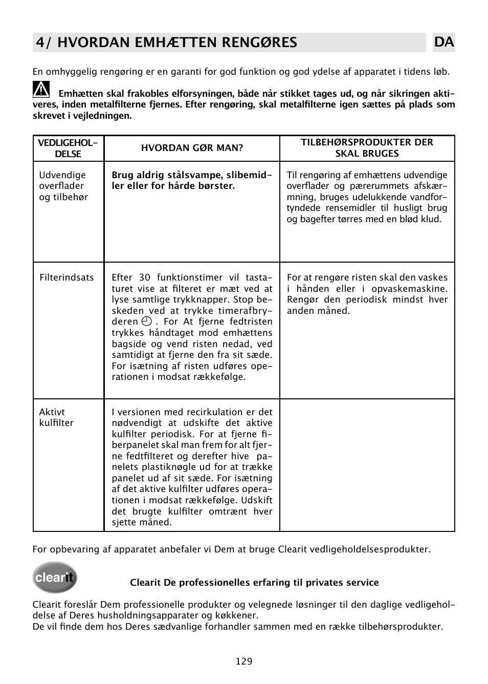4/ hvordan emhætten rengøres da | DE DIETRICH DHD585XE1 User Manual | Page 129 / 152