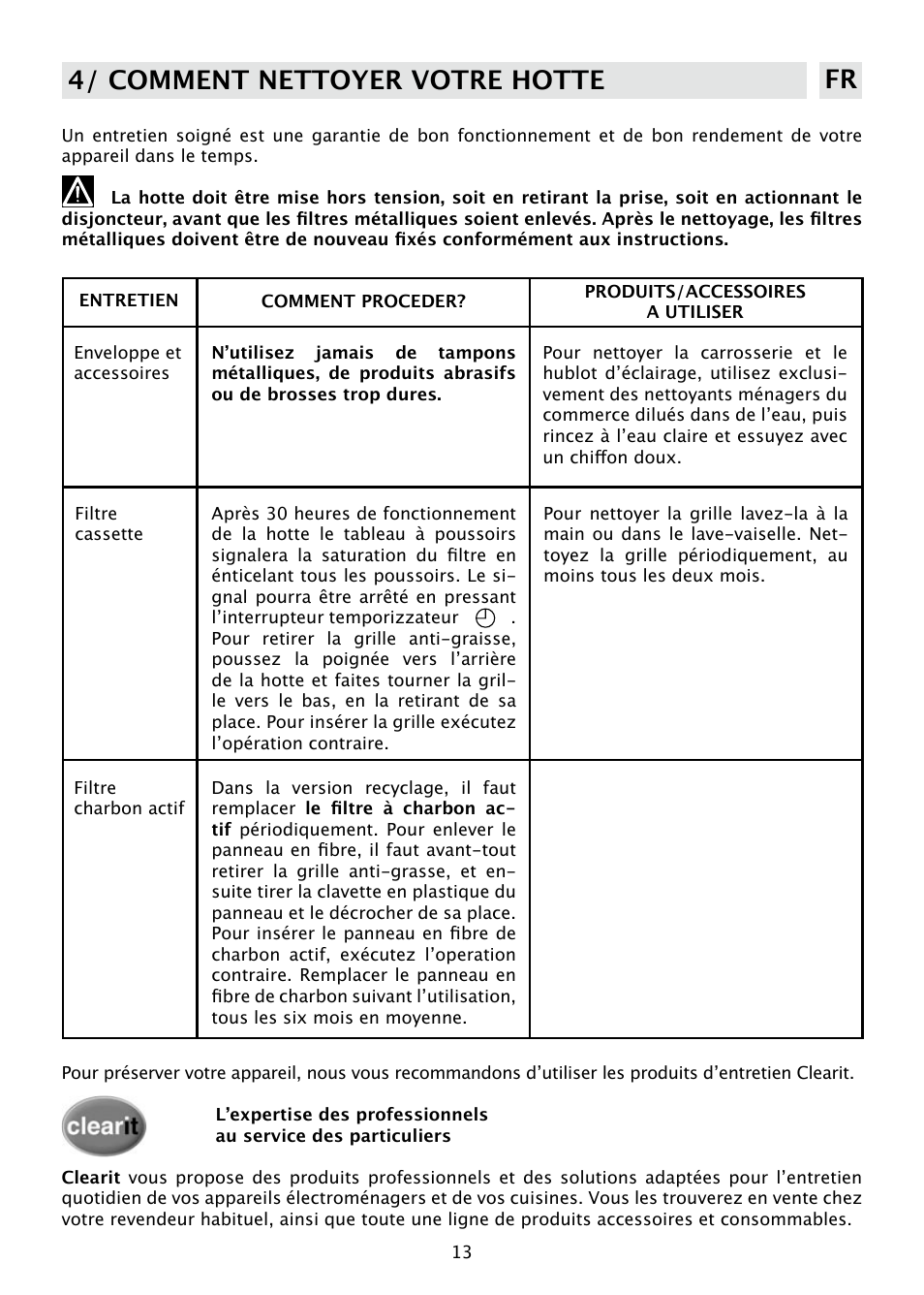 4/ comment nettoyer votre hotte fr | DE DIETRICH DHD585XE1 User Manual | Page 13 / 152