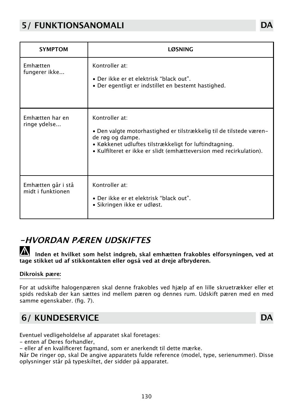 Hvordan pæren udskiftes, 5/ funktionsanomali da, 6/ kundeservice da | DE DIETRICH DHD585XE1 User Manual | Page 130 / 152
