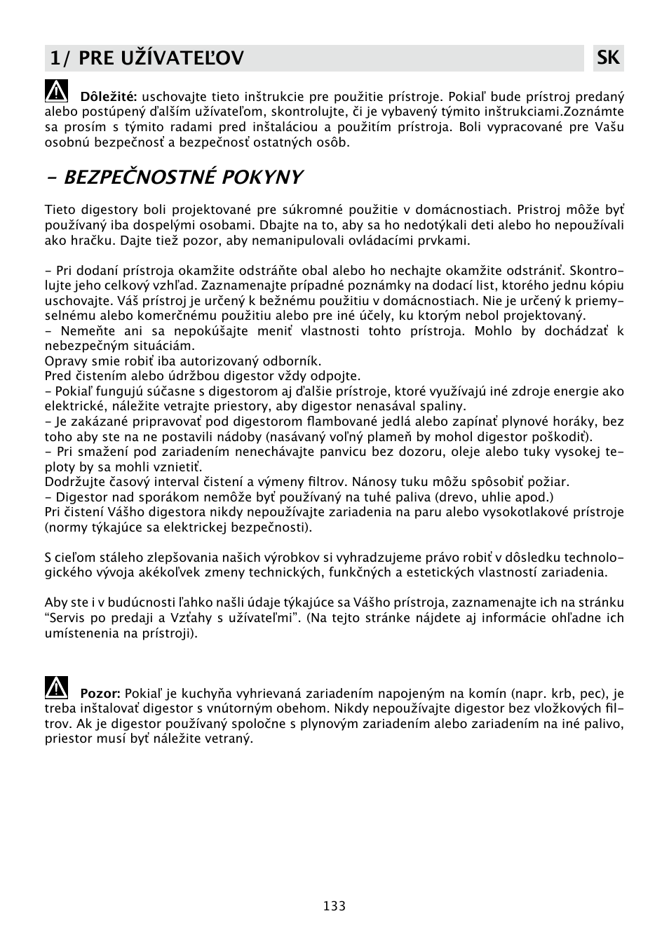 Bezpečnostné pokyny, 1/ pre užívateľov sk | DE DIETRICH DHD585XE1 User Manual | Page 133 / 152