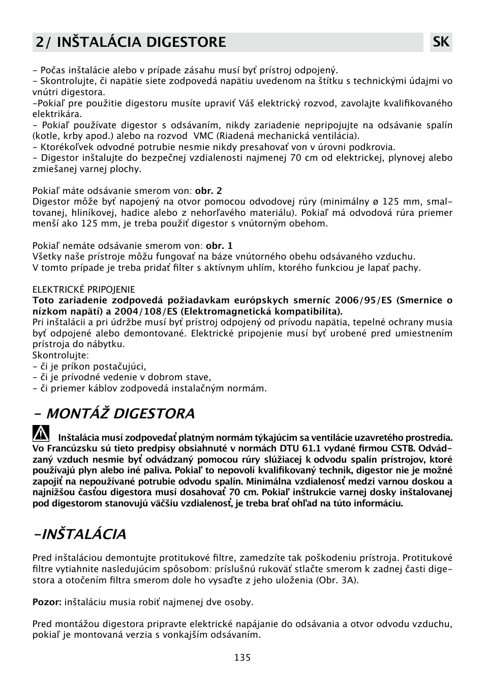 Montáž digestora, Inštalácia, 2/ inštalácia digestore sk | DE DIETRICH DHD585XE1 User Manual | Page 135 / 152