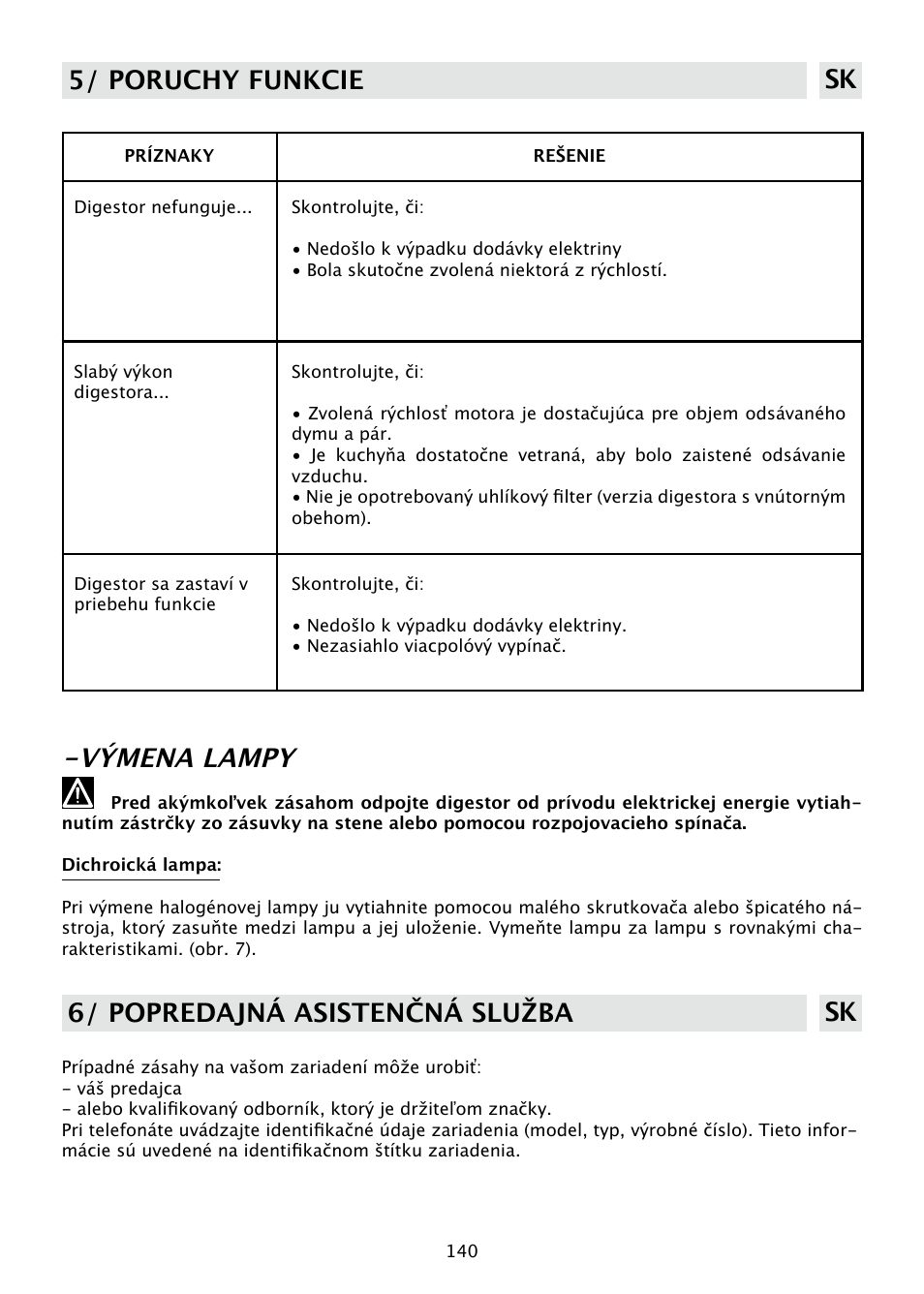 Výmena lampy, 5/ poruchy funkcie sk, 6/ popredajná asistenčná služba sk | DE DIETRICH DHD585XE1 User Manual | Page 140 / 152