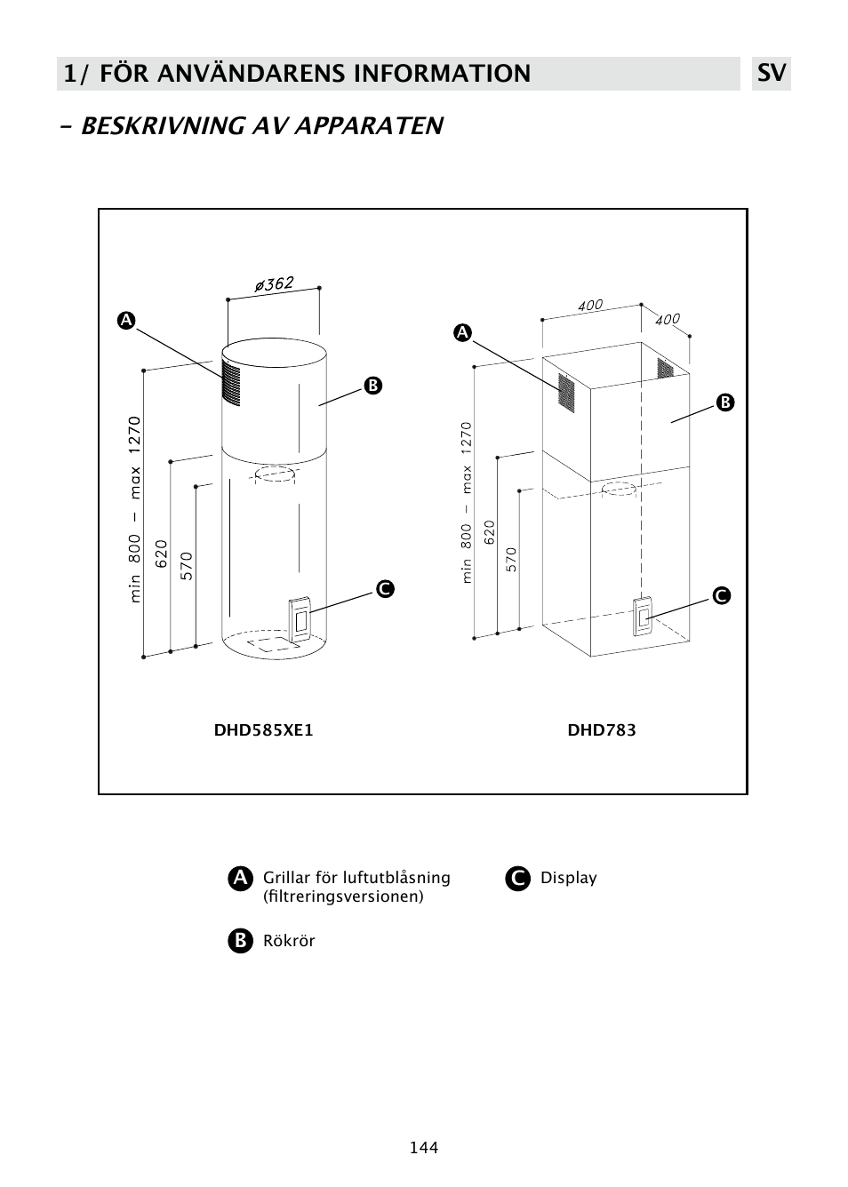 Beskrivning av apparaten, 1/ för användarens information sv | DE DIETRICH DHD585XE1 User Manual | Page 144 / 152