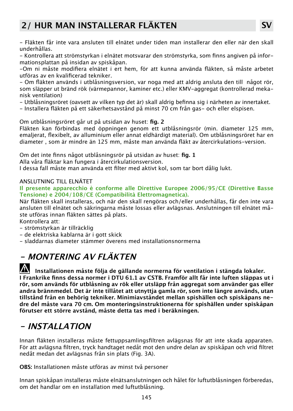 Montering av fläkten, Installation, 2/ hur man installerar fläkten sv | DE DIETRICH DHD585XE1 User Manual | Page 145 / 152