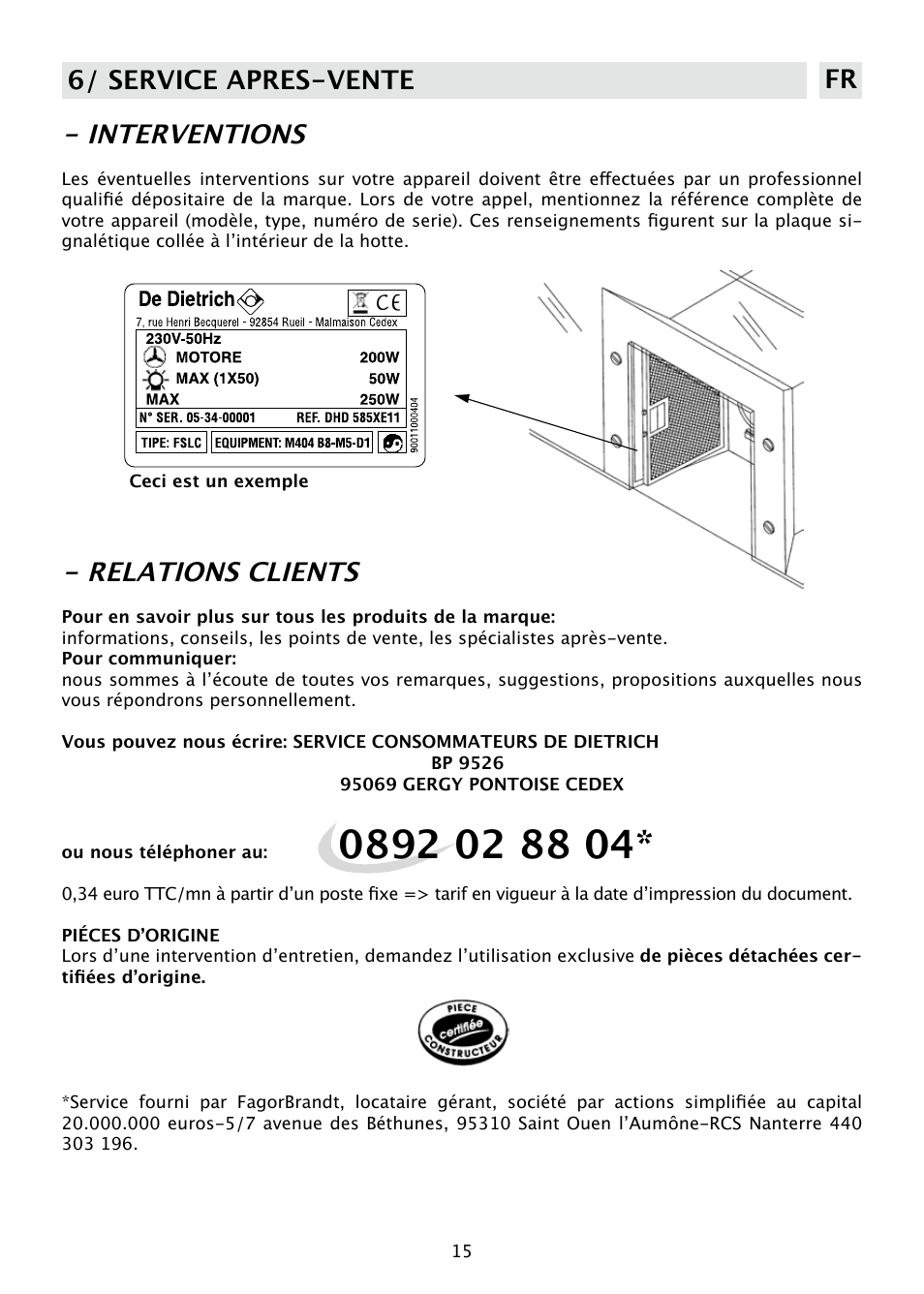 Interventions, Relations clients, 6/ service apres-vente fr | DE DIETRICH DHD585XE1 User Manual | Page 15 / 152