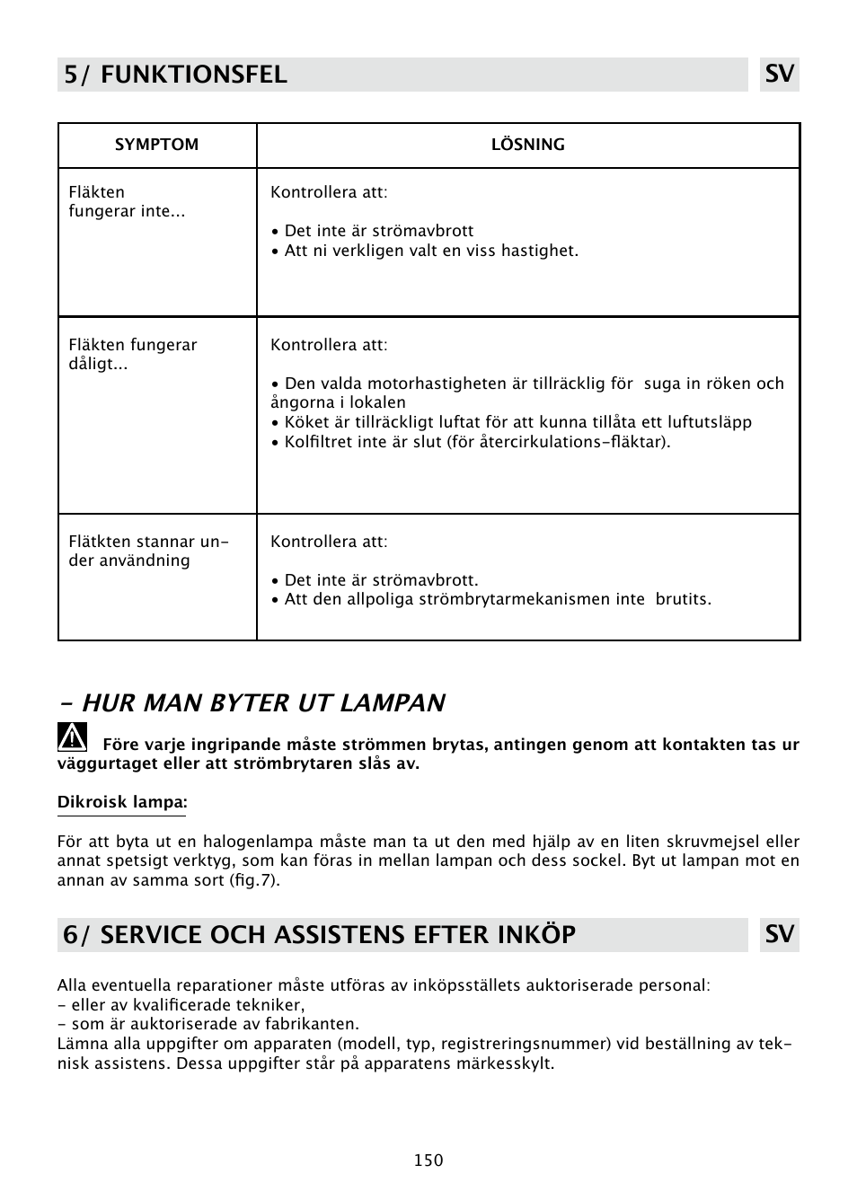 Hur man byter ut lampan, 5/ funktionsfel sv, 6/ service och assistens efter inköp sv | DE DIETRICH DHD585XE1 User Manual | Page 150 / 152