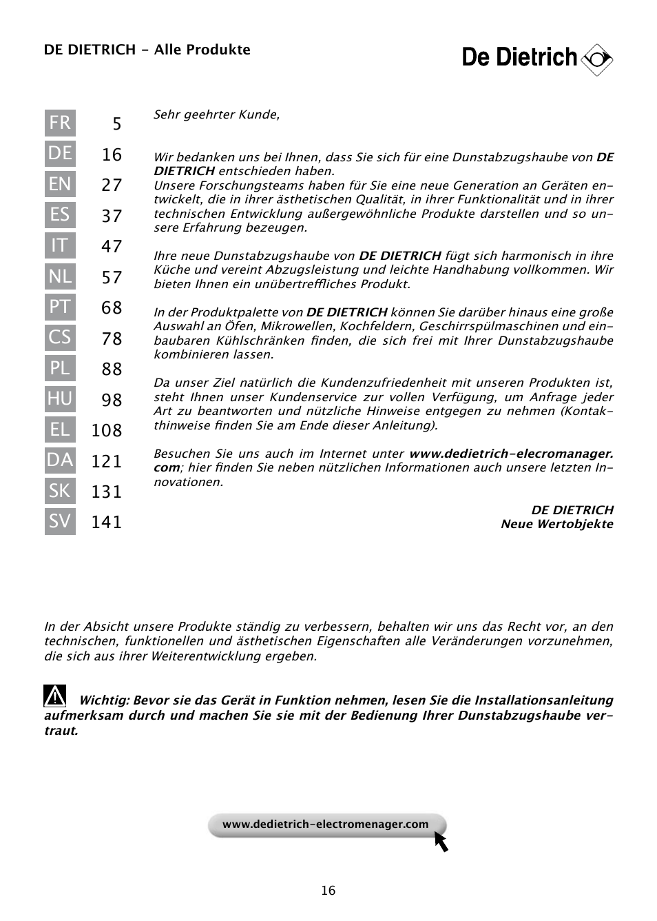 DE DIETRICH DHD585XE1 User Manual | Page 16 / 152