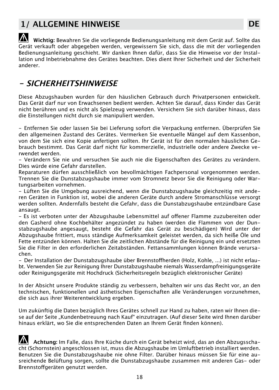 Sicherheitshinweise, 1/ allgemine hinweise de | DE DIETRICH DHD585XE1 User Manual | Page 18 / 152