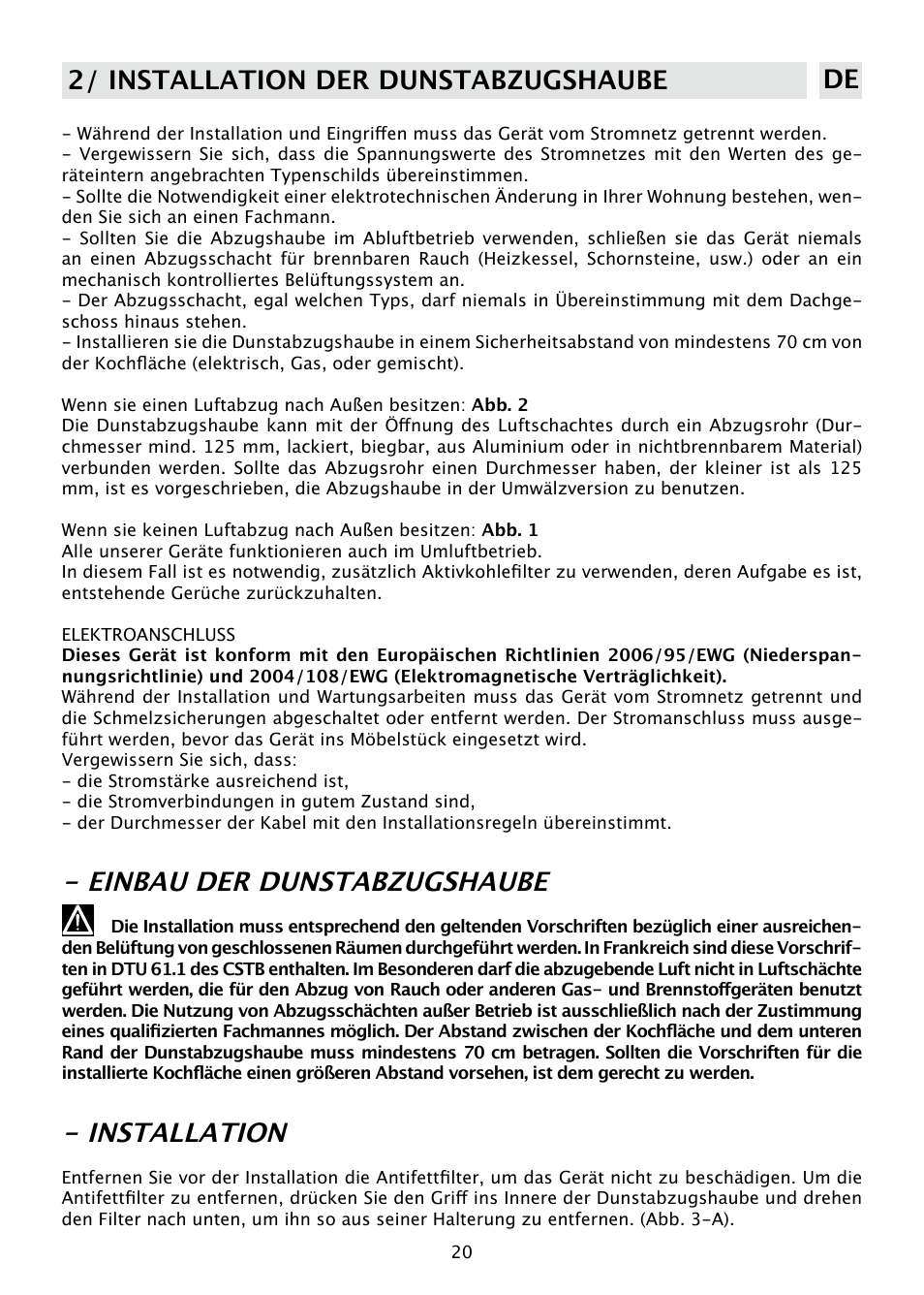 Einbau der dunstabzugshaube, Installation, 2/ installation der dunstabzugshaube de | DE DIETRICH DHD585XE1 User Manual | Page 20 / 152