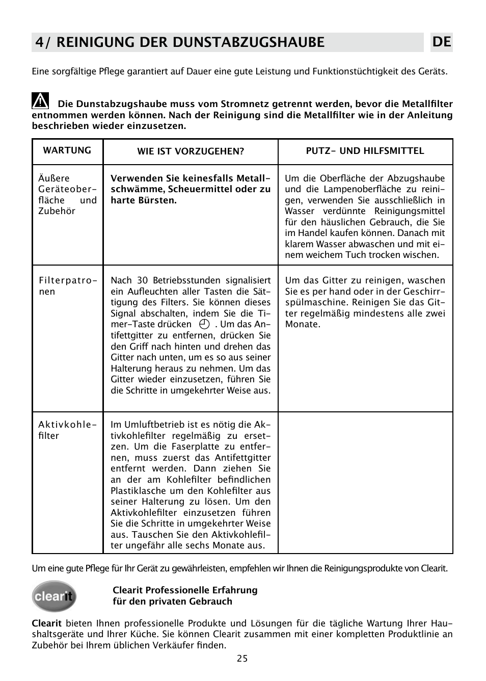 4/ reinigung der dunstabzugshaube de | DE DIETRICH DHD585XE1 User Manual | Page 25 / 152