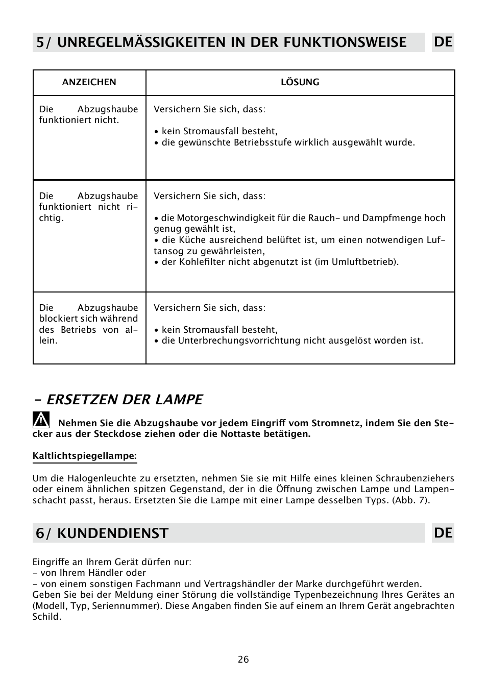 Ersetzen der lampe, 5/ unregelmässigkeiten in der funktionsweise de, 6/ kundendienst de | DE DIETRICH DHD585XE1 User Manual | Page 26 / 152