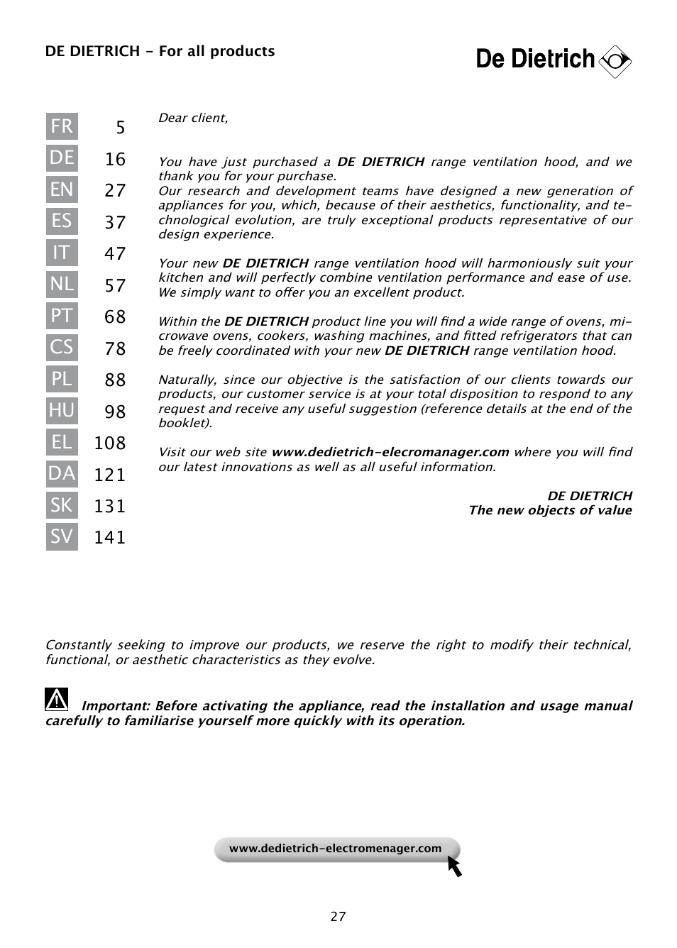 DE DIETRICH DHD585XE1 User Manual | Page 27 / 152