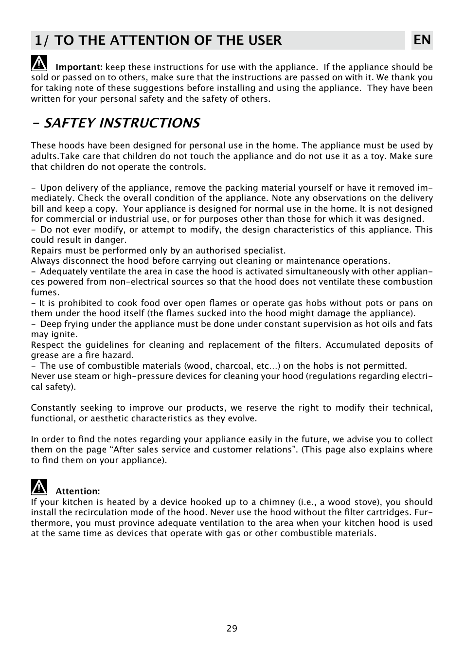 Saftey instructions, 1/ to the attention of the user en | DE DIETRICH DHD585XE1 User Manual | Page 29 / 152