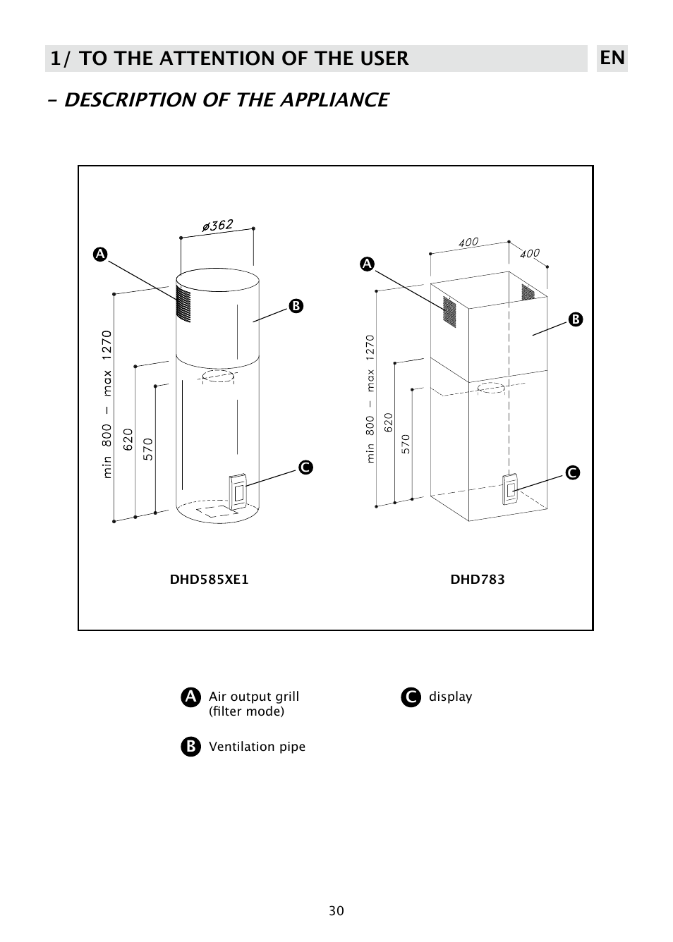 Description of the appliance, 1/ to the attention of the user en | DE DIETRICH DHD585XE1 User Manual | Page 30 / 152