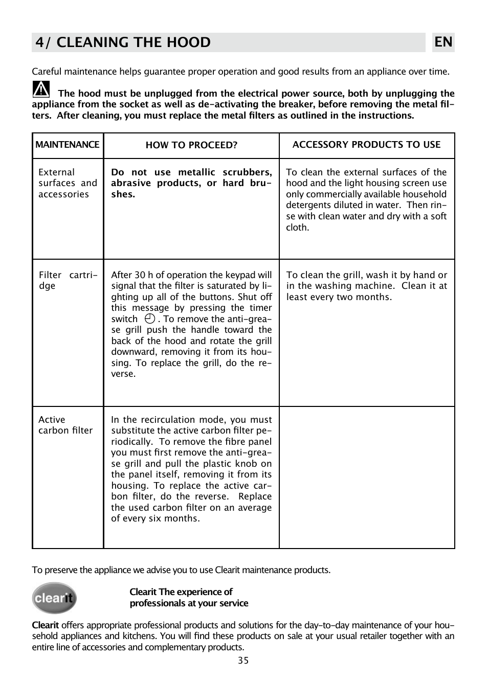 4/ cleaning the hood en | DE DIETRICH DHD585XE1 User Manual | Page 35 / 152