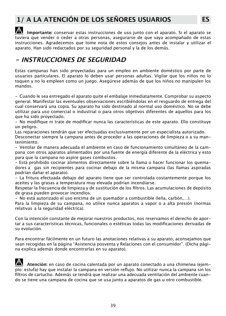 Instrucciones de seguridad, 1/ a la atención de los señores usuarios es | DE DIETRICH DHD585XE1 User Manual | Page 39 / 152