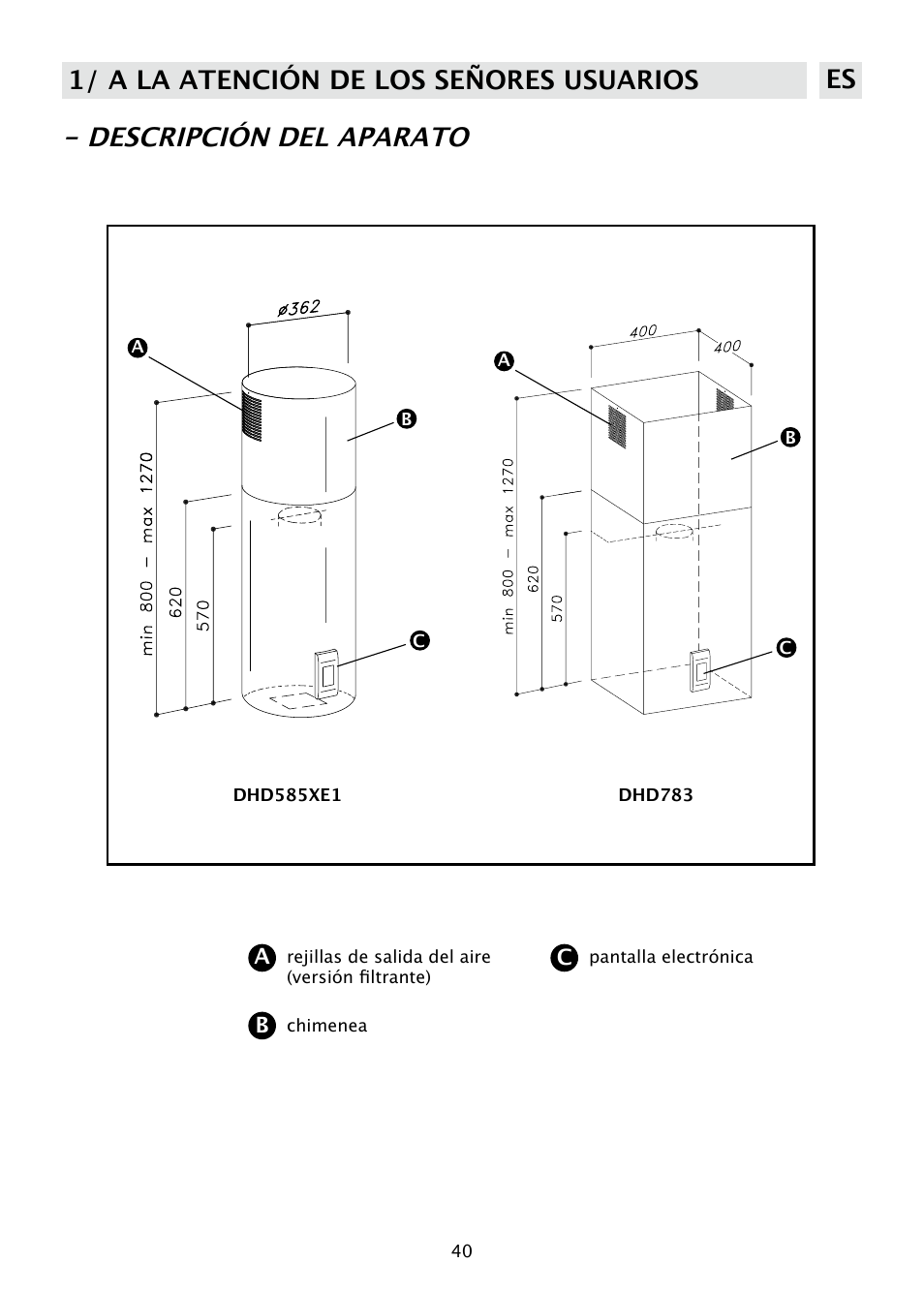 Descripción del aparato, 1/ a la atención de los señores usuarios es | DE DIETRICH DHD585XE1 User Manual | Page 40 / 152