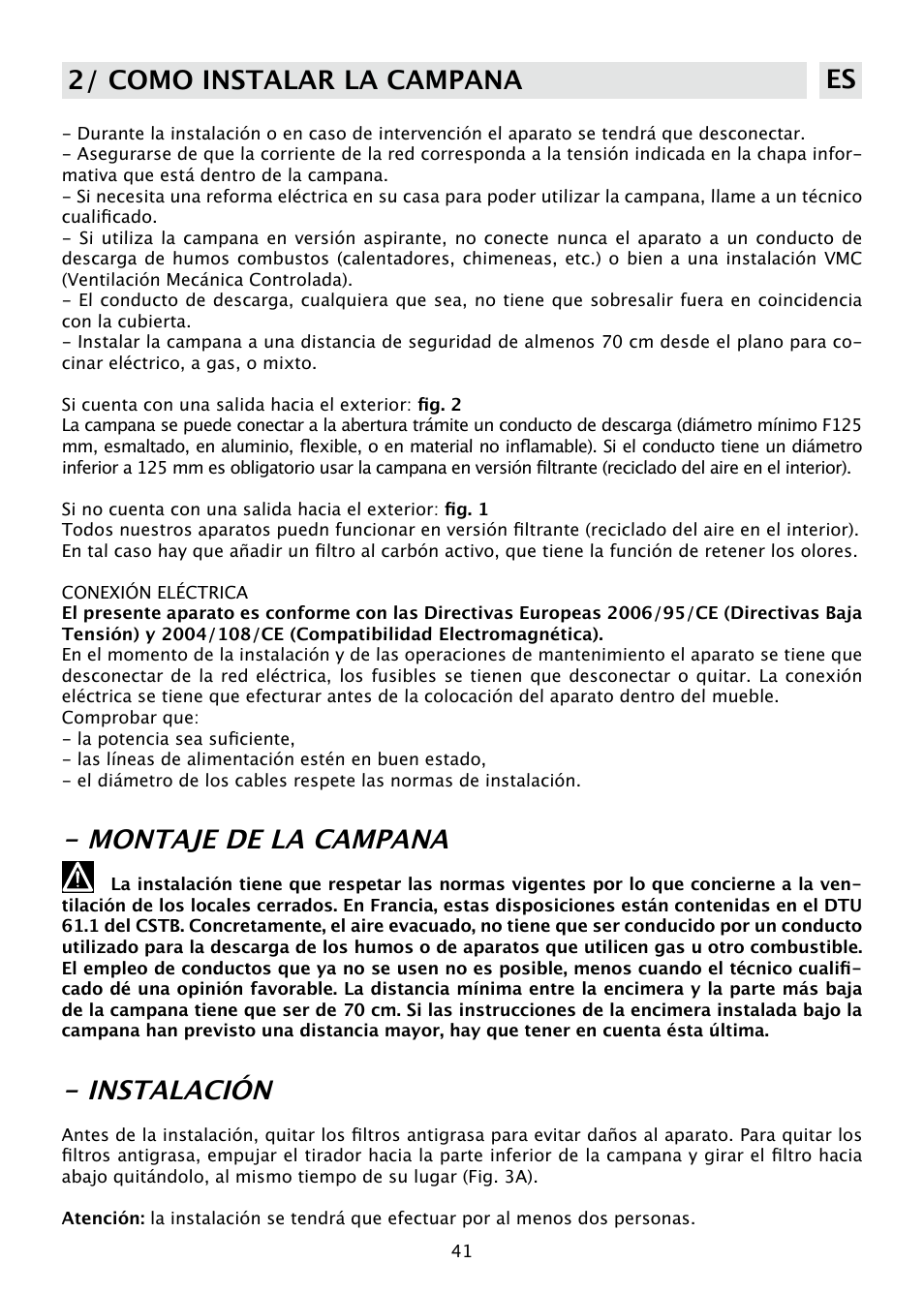 Montaje de la campana, Instalación, 2/ como instalar la campana es | DE DIETRICH DHD585XE1 User Manual | Page 41 / 152