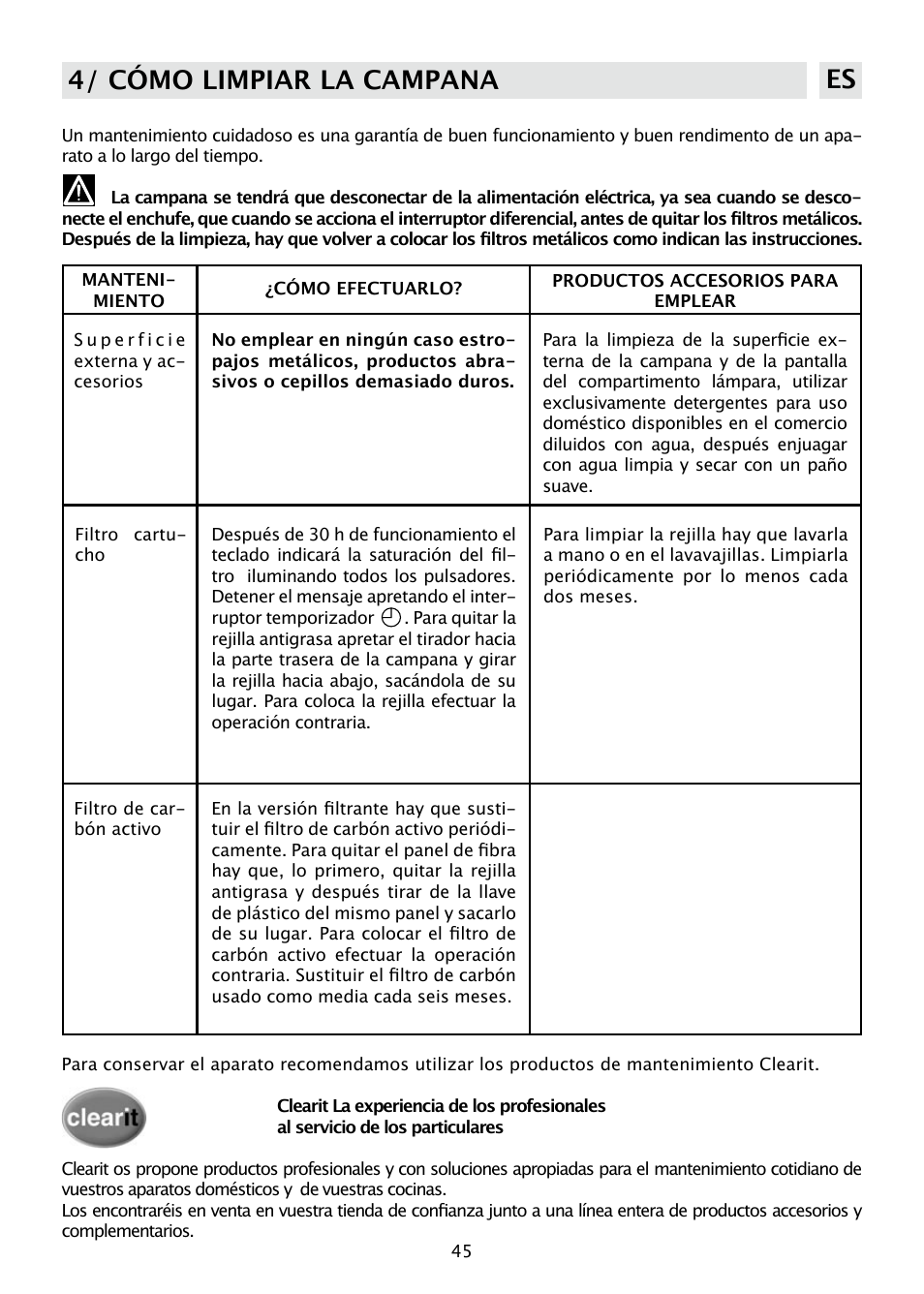 4/ cómo limpiar la campana es | DE DIETRICH DHD585XE1 User Manual | Page 45 / 152