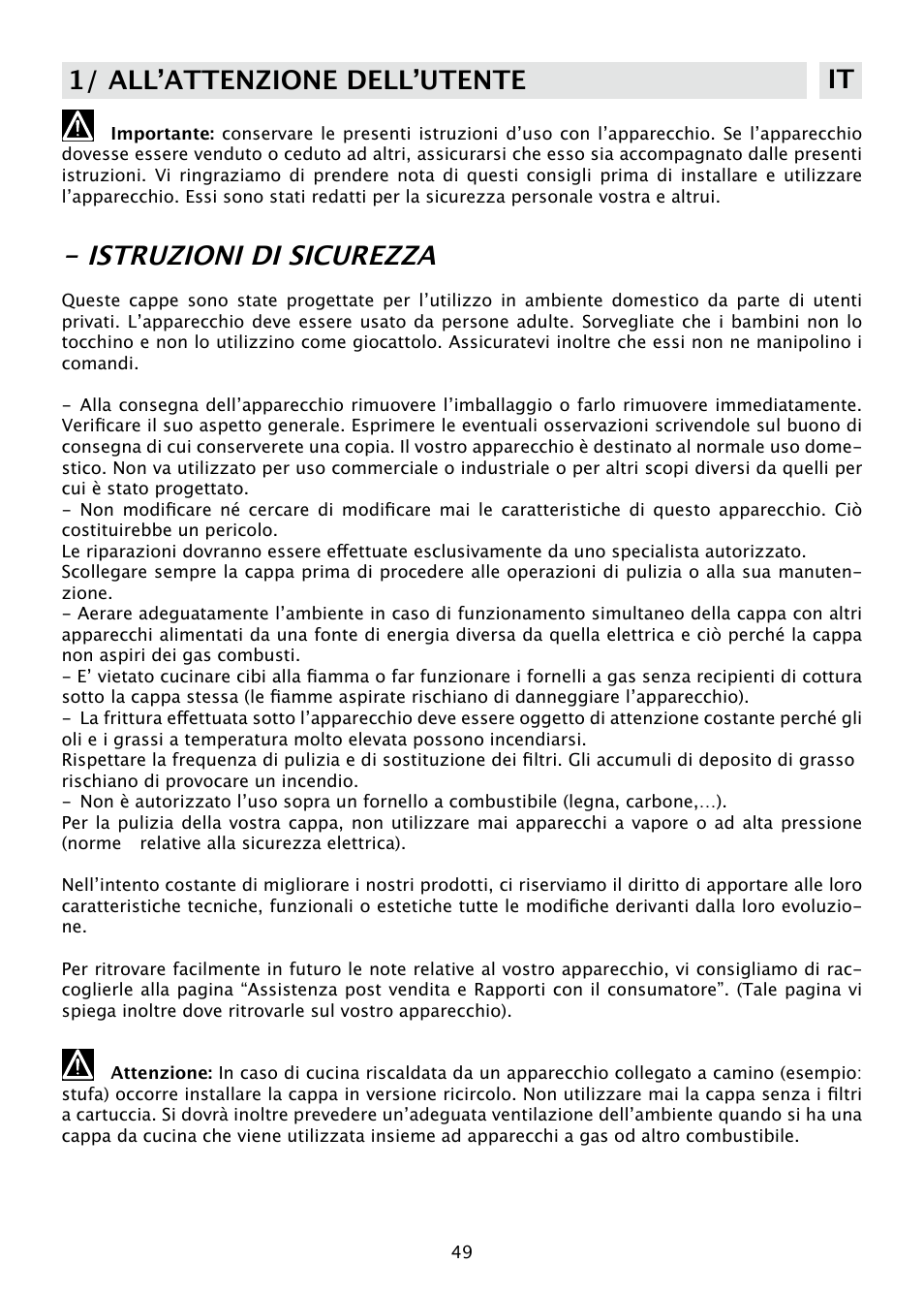 Istruzioni di sicurezza, 1/ all’attenzione dell’utente it | DE DIETRICH DHD585XE1 User Manual | Page 49 / 152