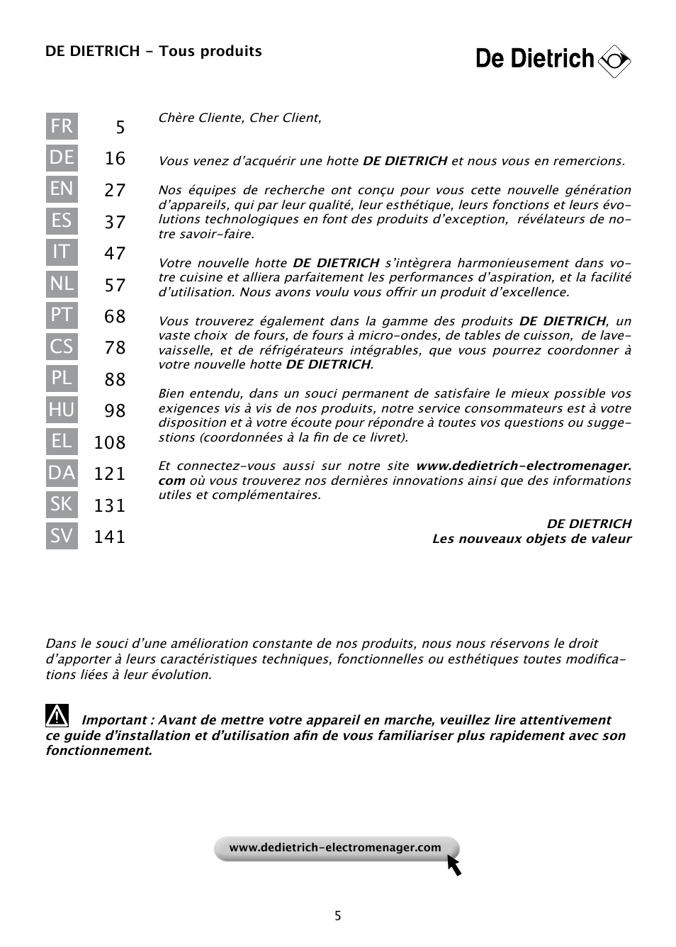 DE DIETRICH DHD585XE1 User Manual | Page 5 / 152