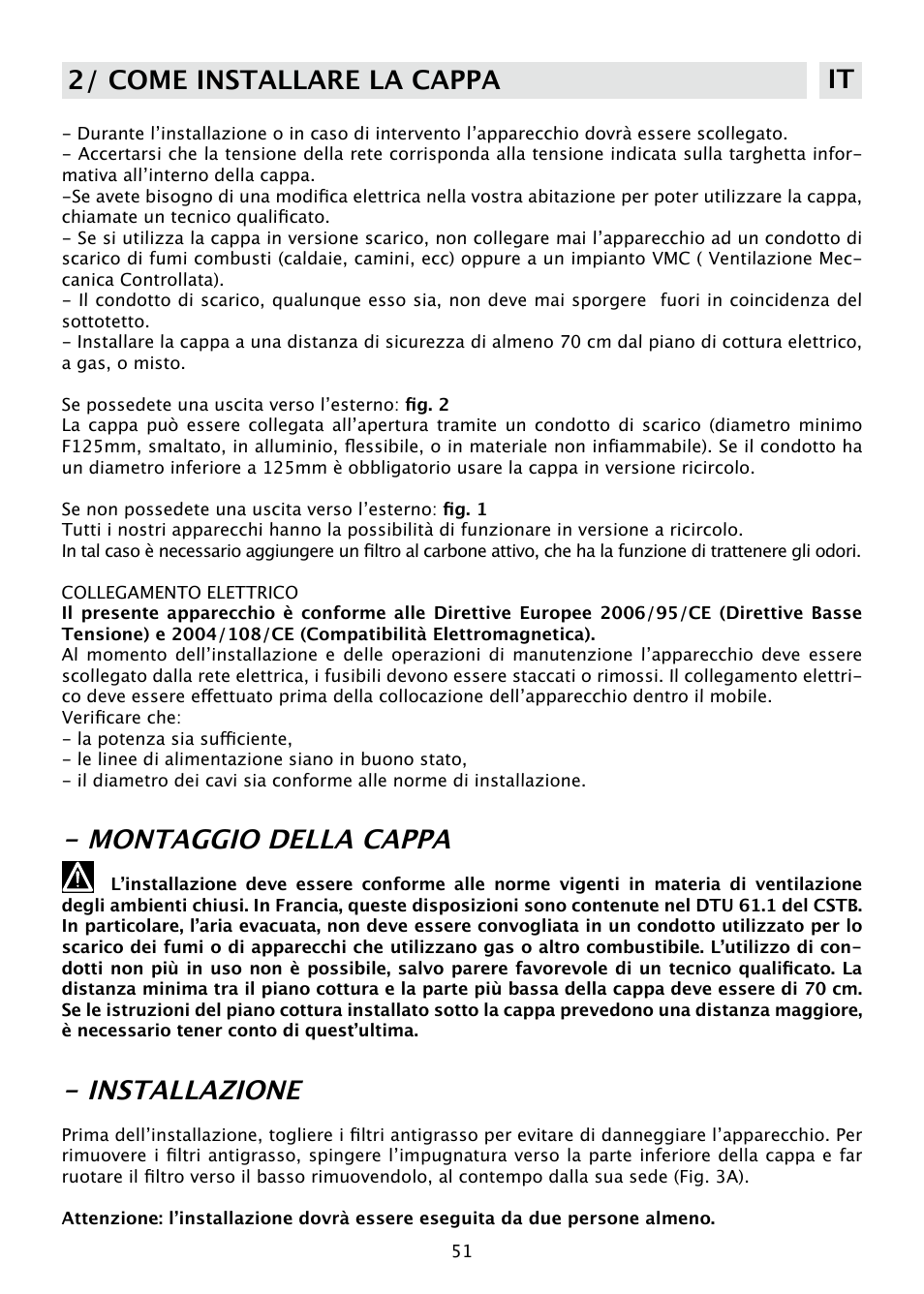 Montaggio della cappa, Installazione, 2/ come installare la cappa it | DE DIETRICH DHD585XE1 User Manual | Page 51 / 152