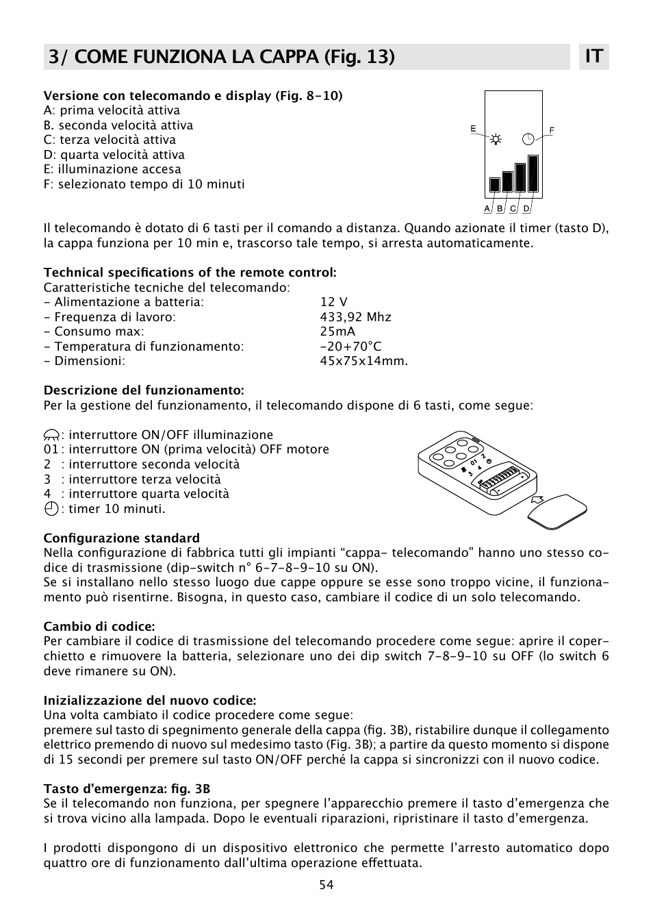 3/ come funziona la cappa (fig. 13) it | DE DIETRICH DHD585XE1 User Manual | Page 54 / 152