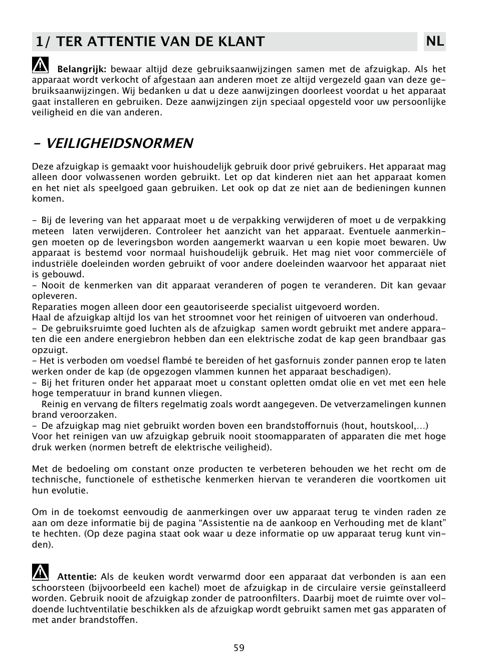 Veiligheidsnormen, 1/ ter attentie van de klant nl | DE DIETRICH DHD585XE1 User Manual | Page 59 / 152