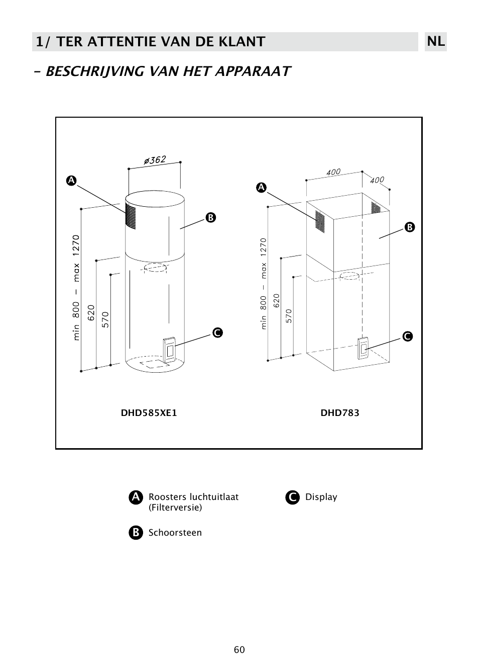 Beschrijving van het apparaat, 1/ ter attentie van de klant nl | DE DIETRICH DHD585XE1 User Manual | Page 60 / 152