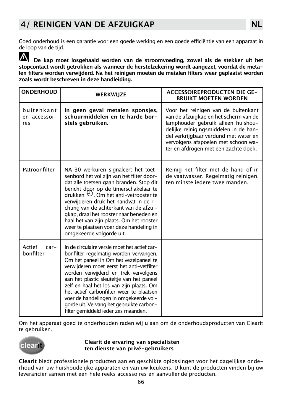 4/ reinigen van de afzuigkap nl | DE DIETRICH DHD585XE1 User Manual | Page 66 / 152
