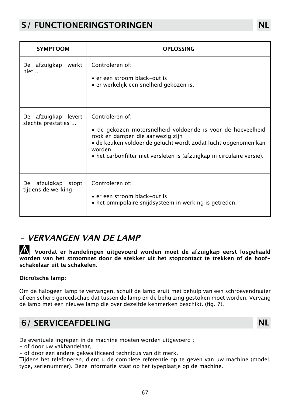 Vervangen van de lamp, 5/ functioneringstoringen nl, 6/ serviceafdeling nl | DE DIETRICH DHD585XE1 User Manual | Page 67 / 152