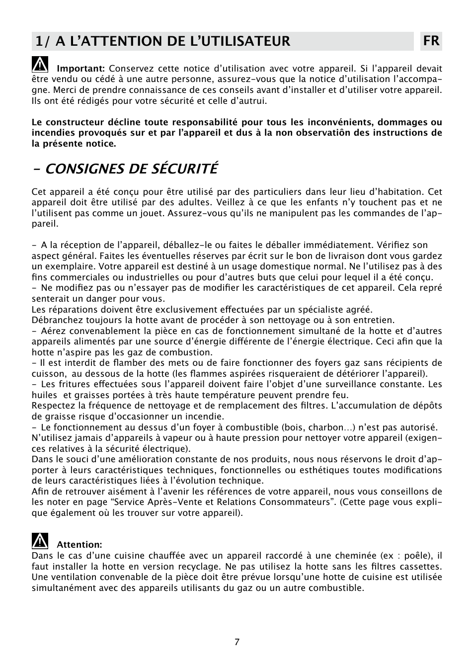 Consignes de sécurité, 1/ a l’attention de l’utilisateur fr | DE DIETRICH DHD585XE1 User Manual | Page 7 / 152