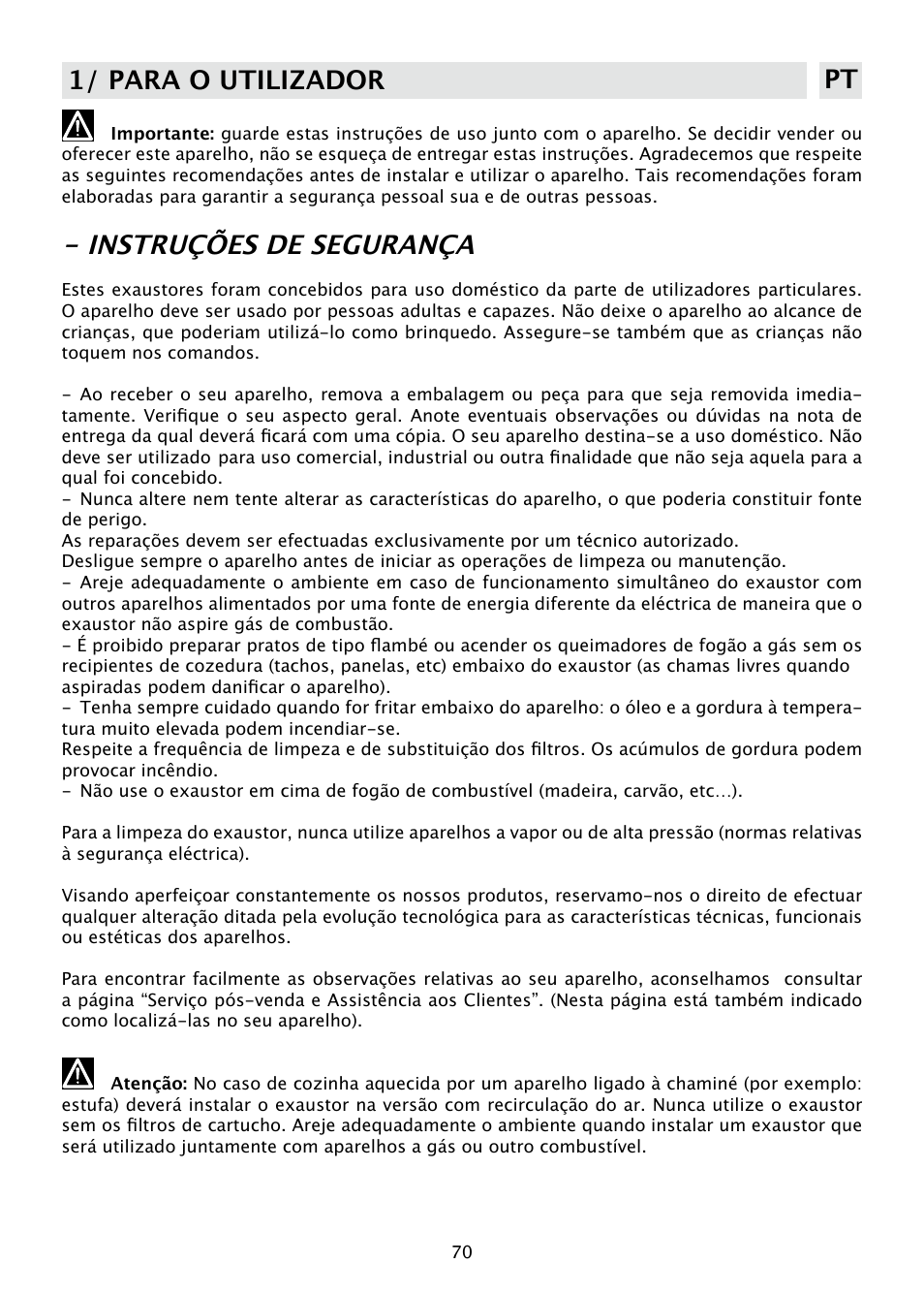 Instruções de segurança, 1/ para o utilizador pt | DE DIETRICH DHD585XE1 User Manual | Page 70 / 152
