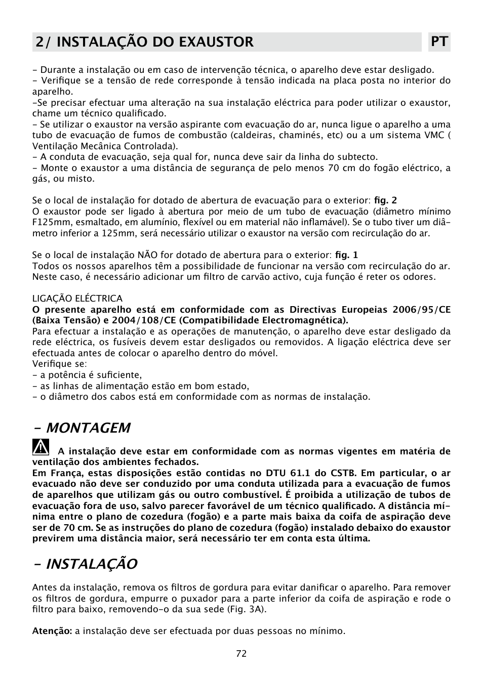 Montagem, Instalação, 2/ instalação do exaustor pt | DE DIETRICH DHD585XE1 User Manual | Page 72 / 152
