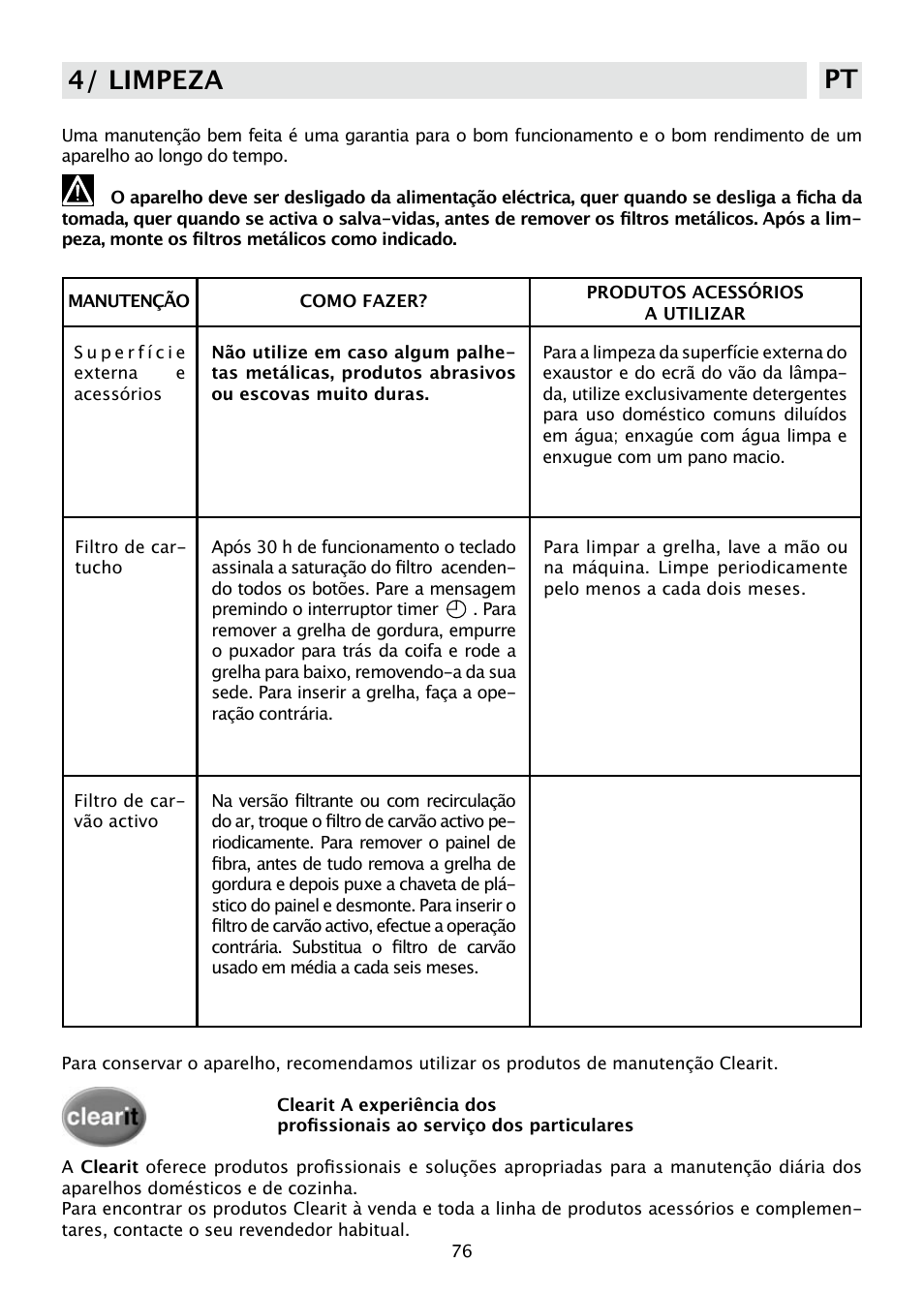 4/ limpeza pt | DE DIETRICH DHD585XE1 User Manual | Page 76 / 152