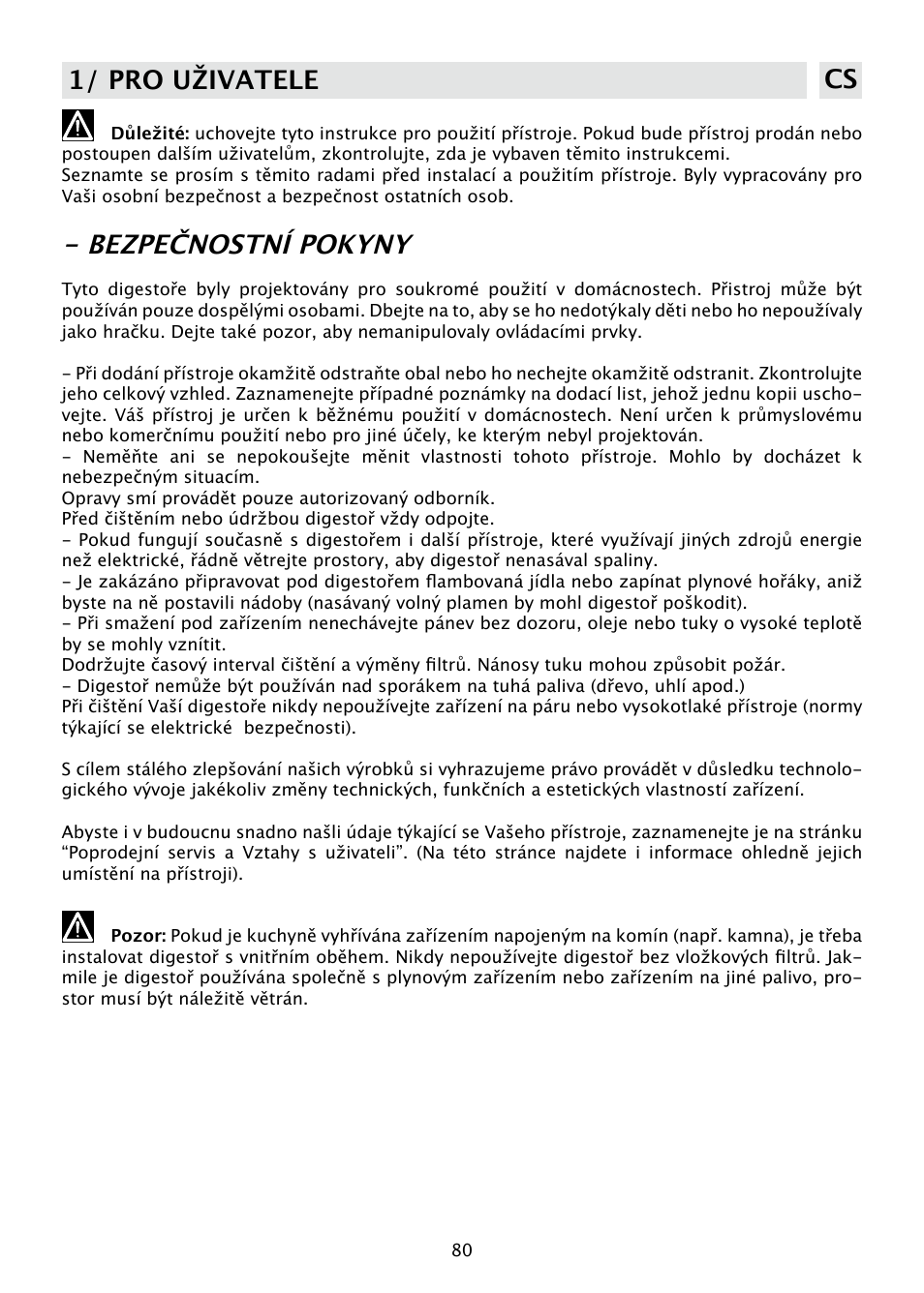 Bezpečnostní pokyny, 1/ pro uživatele cs | DE DIETRICH DHD585XE1 User Manual | Page 80 / 152